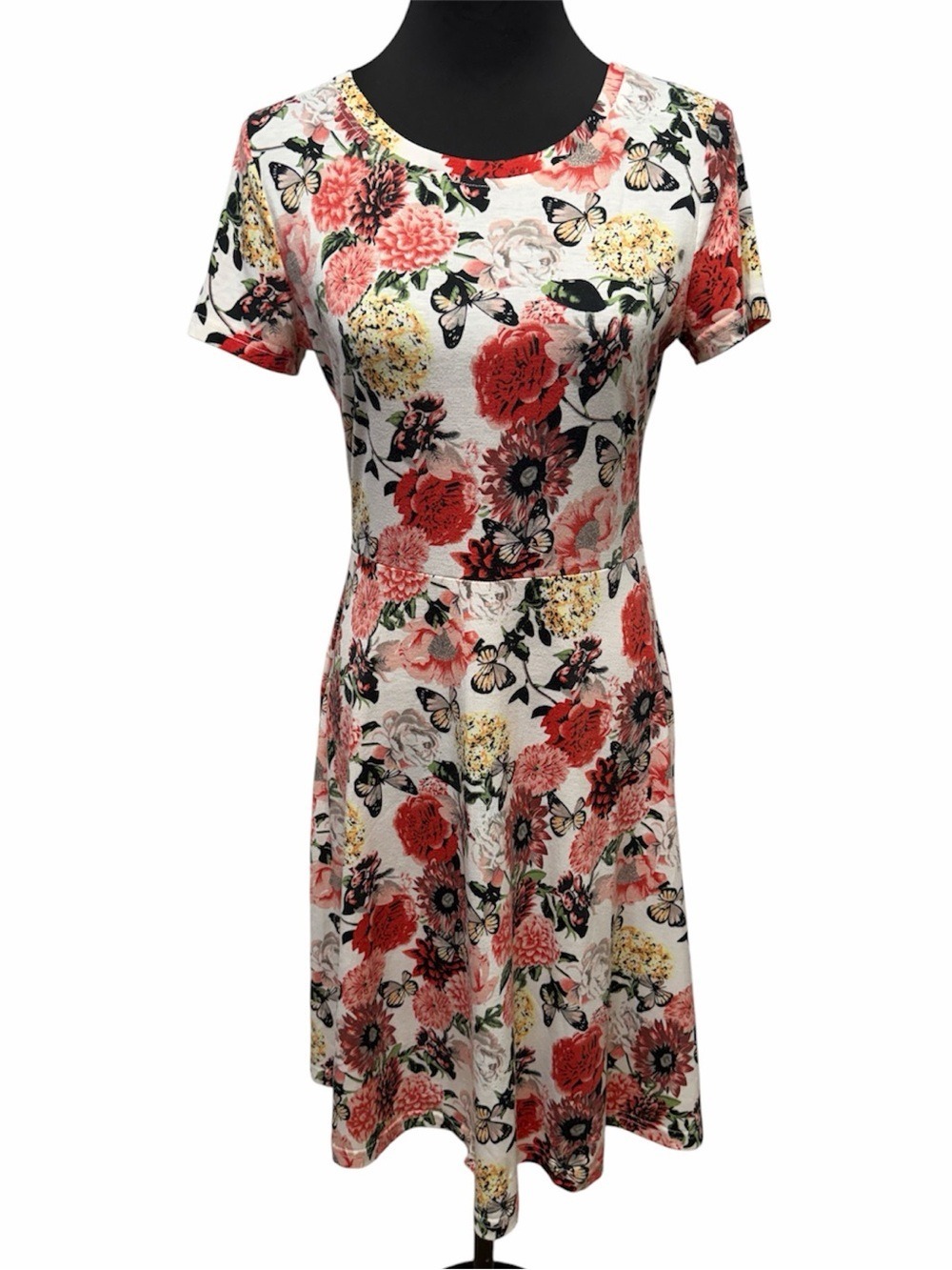 HuHot M White Floral Butterfly Fit Flare Dress Short Sleeve Spring Summer